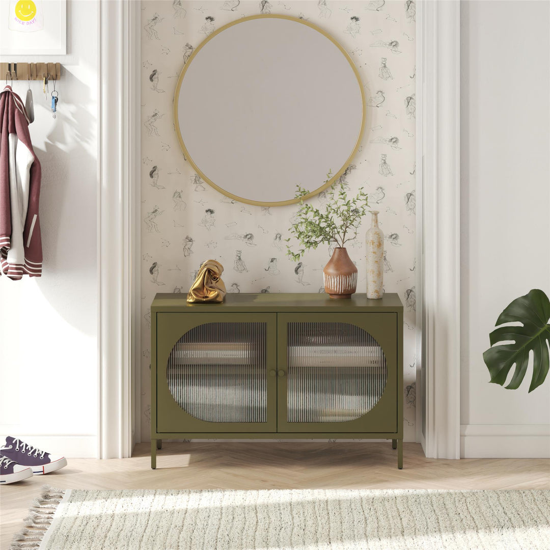 Luna Wide 2-Door Accent Cabinet with Fluted Glass - Olive Green Metal