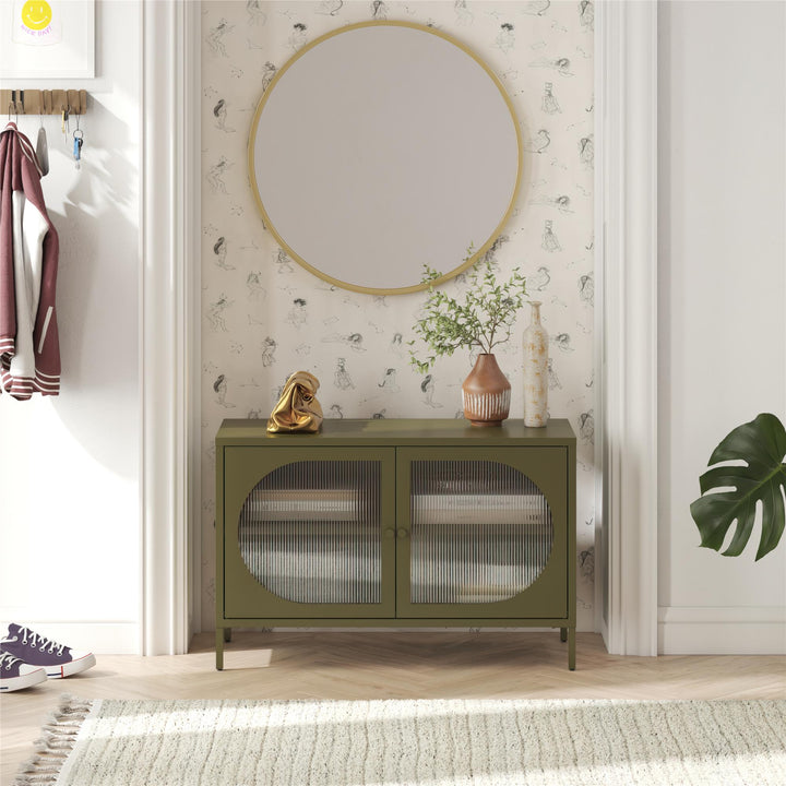 Luna Wide 2-Door Accent Cabinet with Fluted Glass - Olive Green Metal