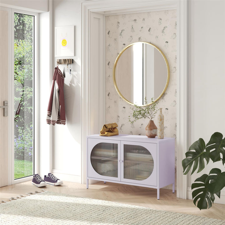 Luna Wide 2-Door Accent Cabinet with Fluted Glass, Lilac - Lilac Metal