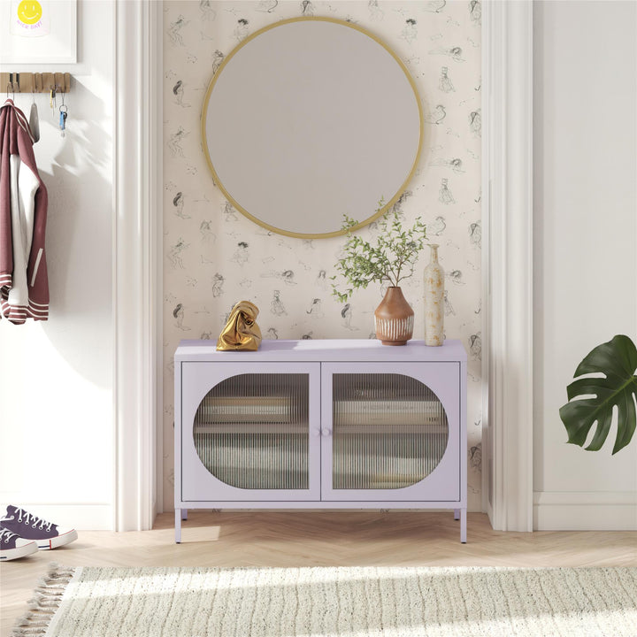 Luna Wide 2-Door Accent Cabinet with Fluted Glass, Lilac - Lilac Metal