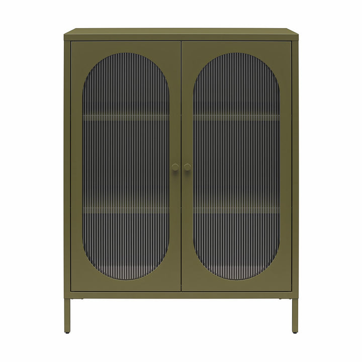 Luna Short 2-Door Metal Accent Cabinet with Fluted Glass - Olive Green Metal