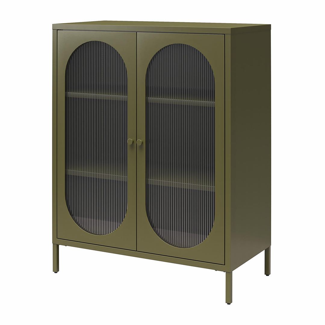 Luna Short 2-Door Metal Accent Cabinet with Fluted Glass - Olive Green Metal