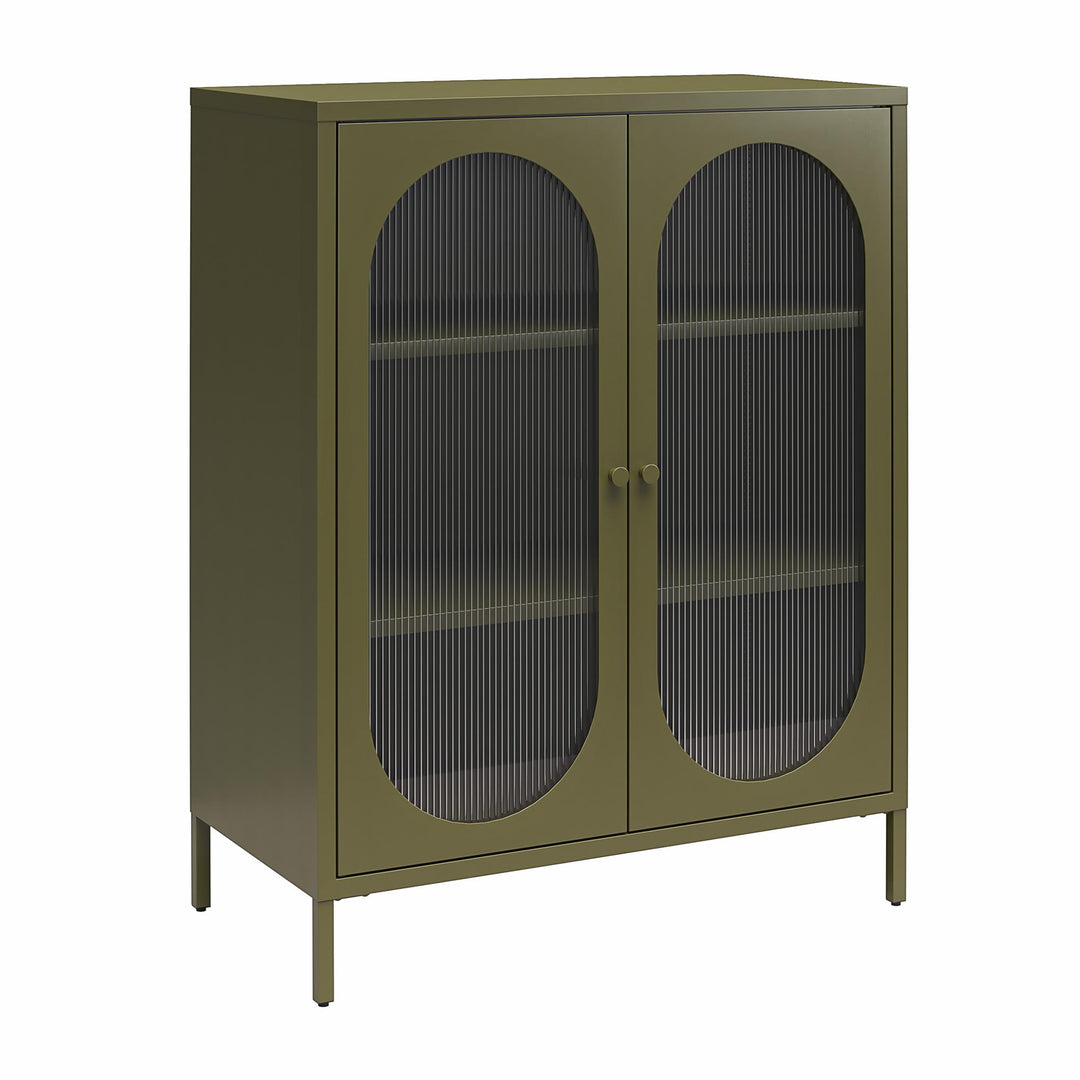 Luna Short 2-Door Metal Accent Cabinet with Fluted Glass - Olive Green Metal