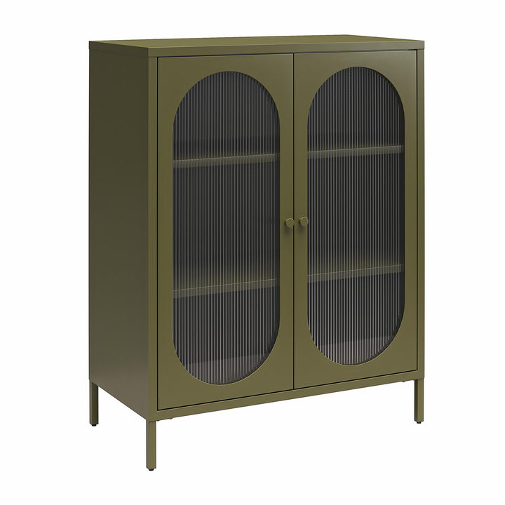 Luna Short 2-Door Metal Accent Cabinet with Fluted Glass - Olive Green Metal
