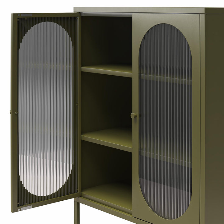 Luna Short 2-Door Metal Accent Cabinet with Fluted Glass - Olive Green Metal