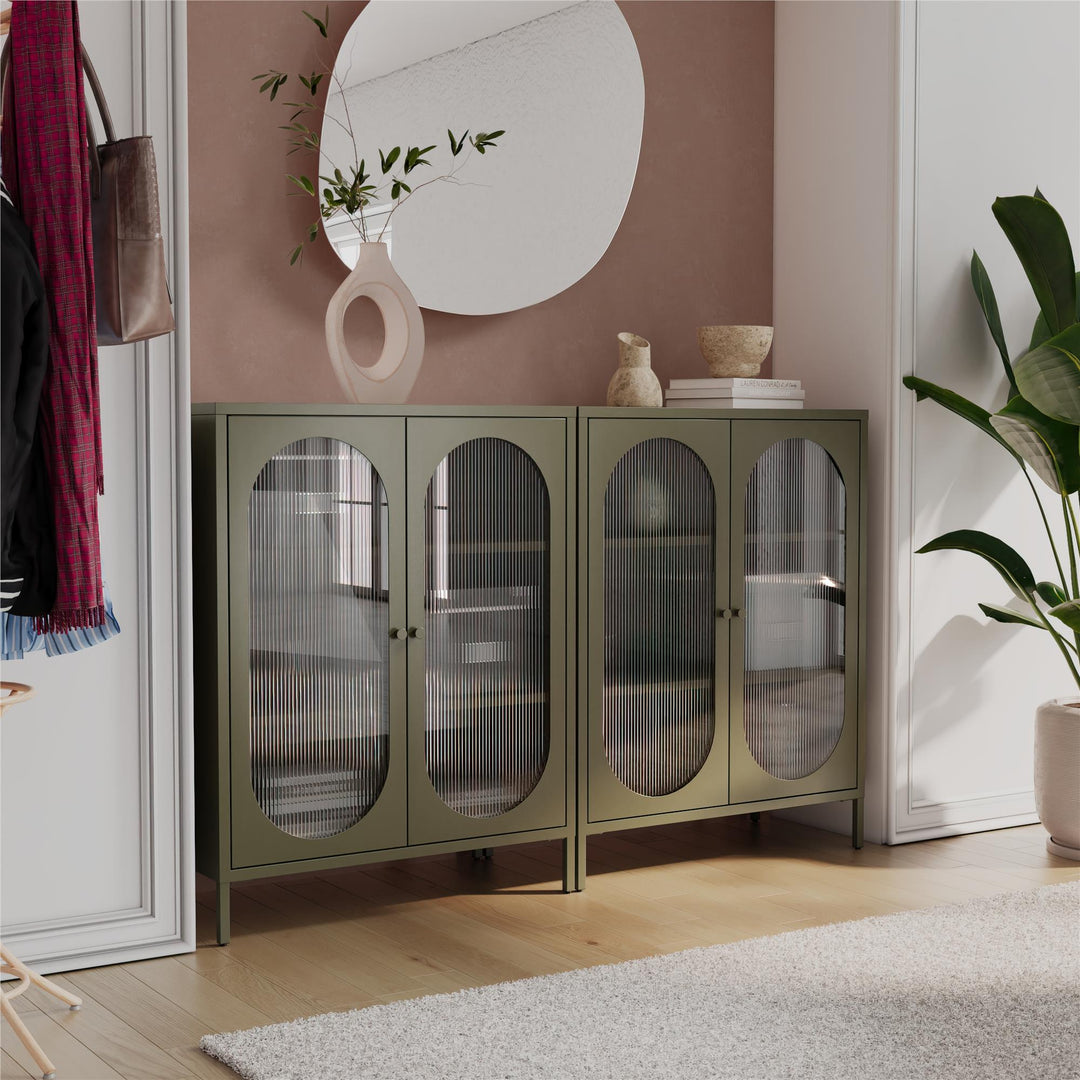 Luna Short 2-Door Metal Accent Cabinet with Fluted Glass - Olive Green Metal