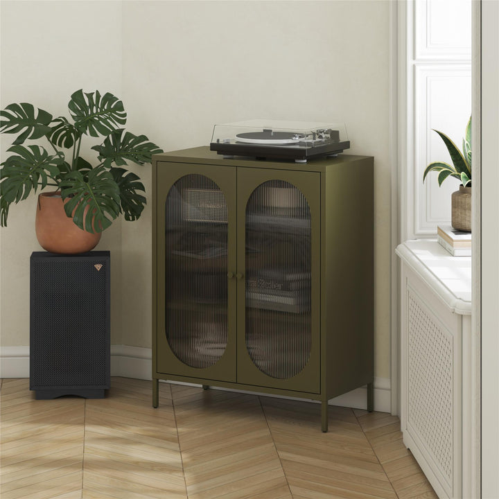 Luna Short 2-Door Metal Accent Cabinet with Fluted Glass - Olive Green Metal