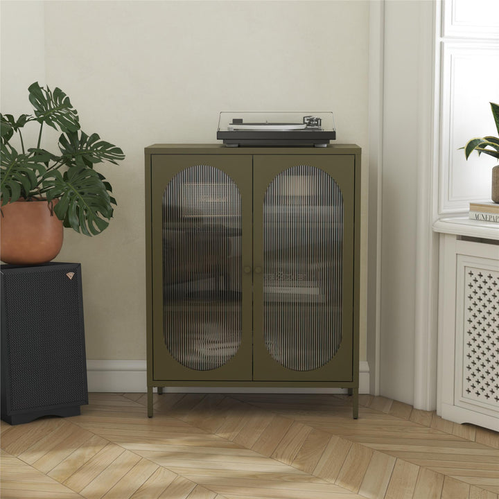 Luna Short 2-Door Metal Accent Cabinet with Fluted Glass - Olive Green Metal