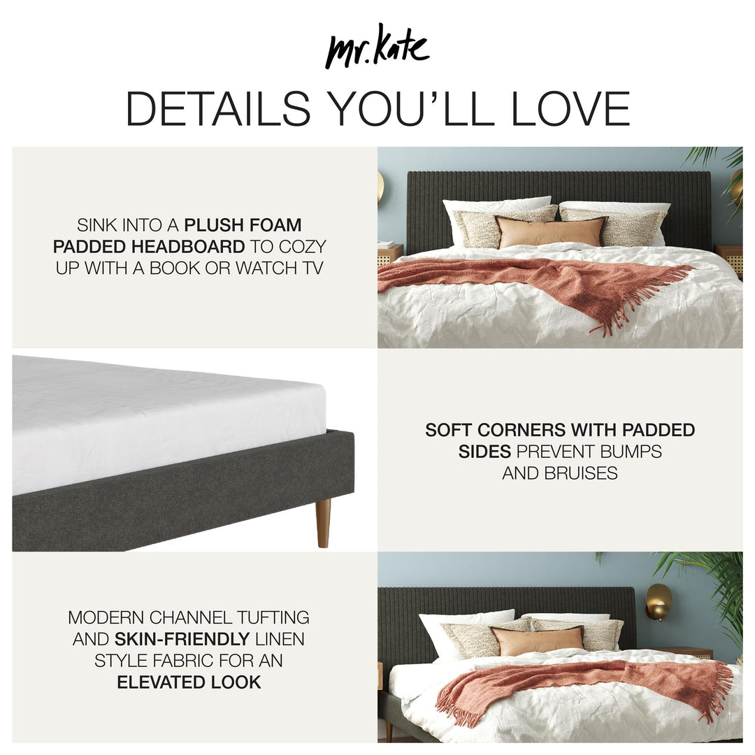 Daphne Velvet Upholstered Bed with Channel Tufted Headboard - Dark Gray - King