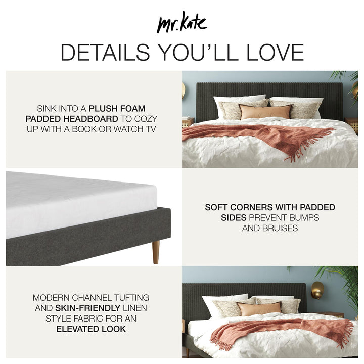 Daphne Velvet Upholstered Bed with Channel Tufted Headboard - Dark Gray - King
