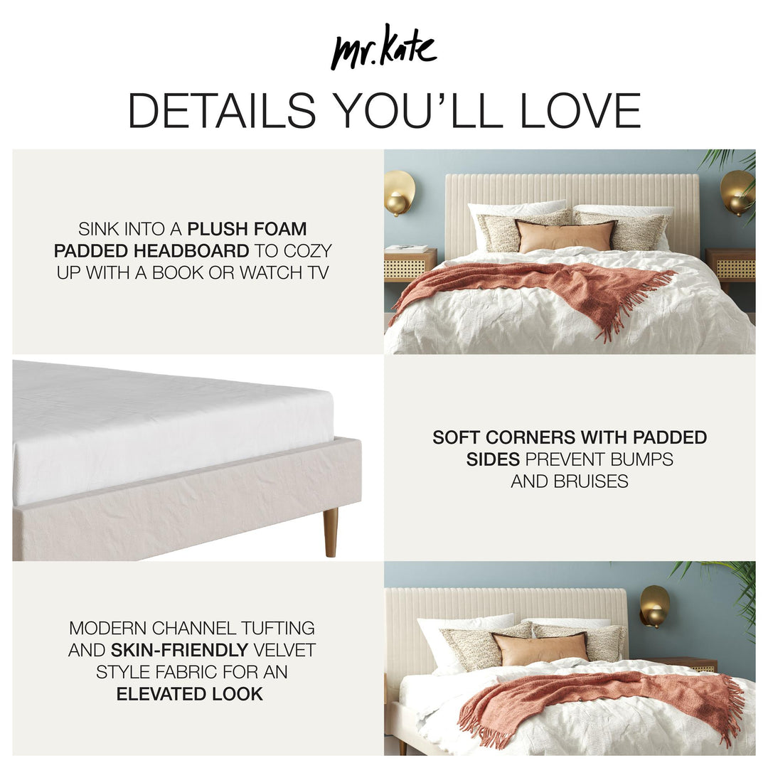 Daphne Velvet Upholstered Bed with Channel Tufted Headboard - Ivory - Full