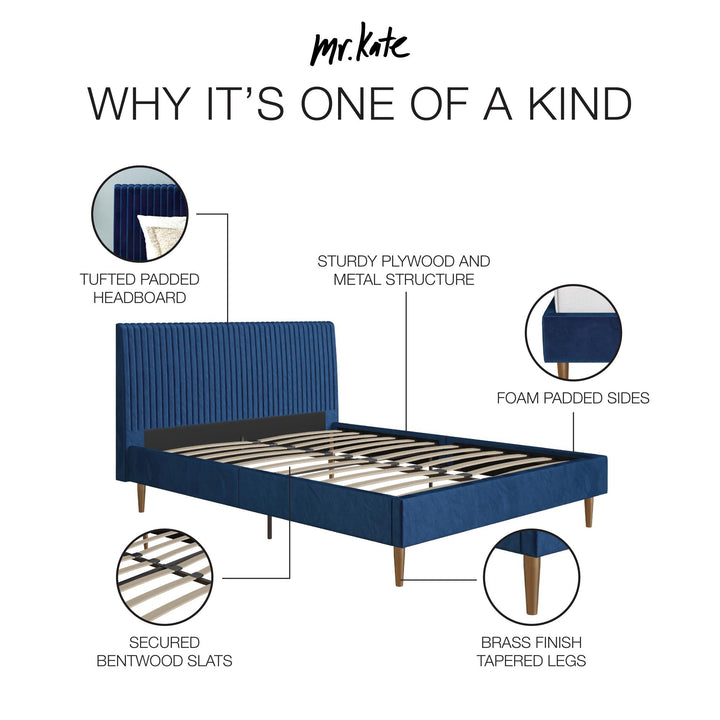 Daphne Velvet Upholstered Bed with Channel Tufted Headboard - Blue - Queen