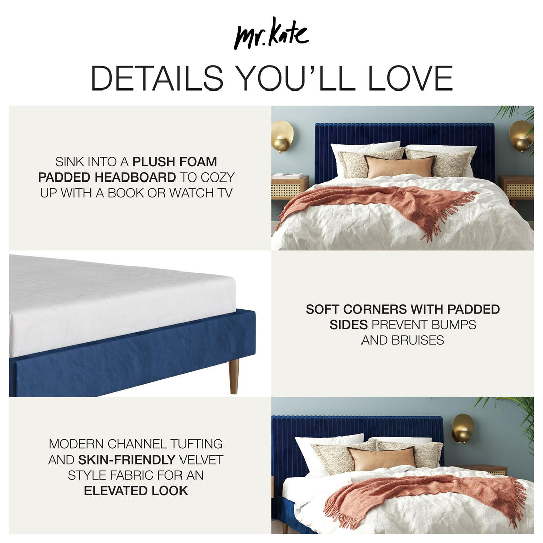 Daphne Velvet Upholstered Bed with Channel Tufted Headboard - Blue - Queen