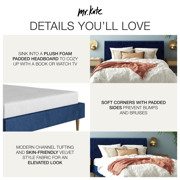 Daphne Velvet Upholstered Bed with Channel Tufted Headboard - Blue - Queen