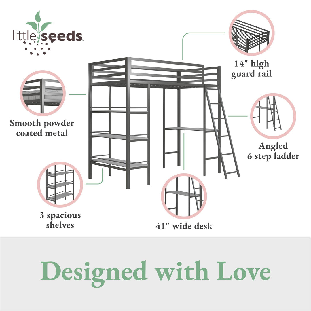 Nova Metal Loft Bed with Desk, 3 Shelves, Ladder and Full-Length Guardrails - Gray - Twin