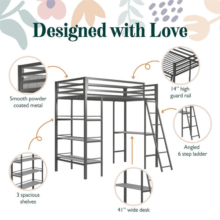 Nova Metal Loft Bed with Desk, 3 Shelves, Ladder and Full-Length Guardrails - Gray - Twin