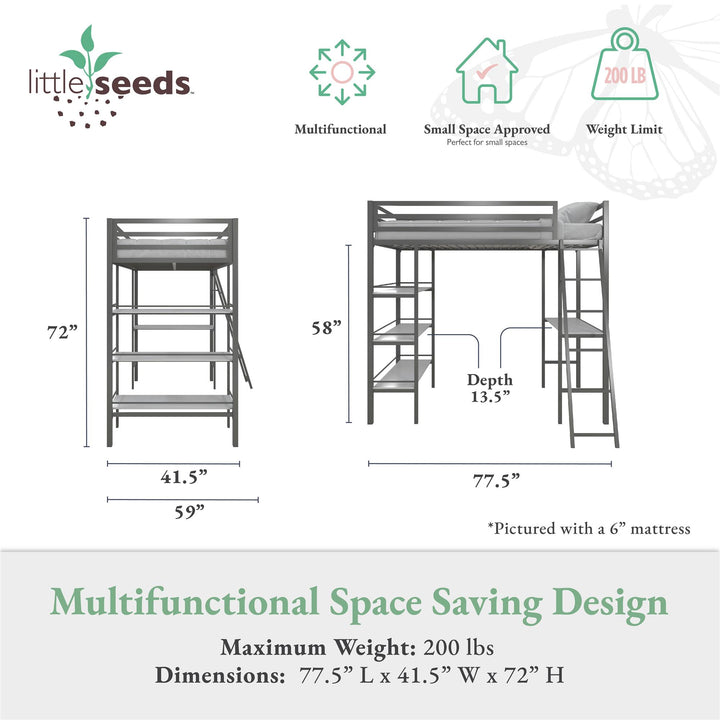 Nova Metal Loft Bed with Desk, 3 Shelves, Ladder and Full-Length Guardrails - Gray - Twin