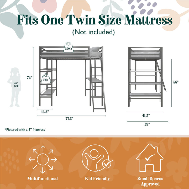Nova Metal Loft Bed with Desk, 3 Shelves, Ladder and Full-Length Guardrails - Gray - Twin