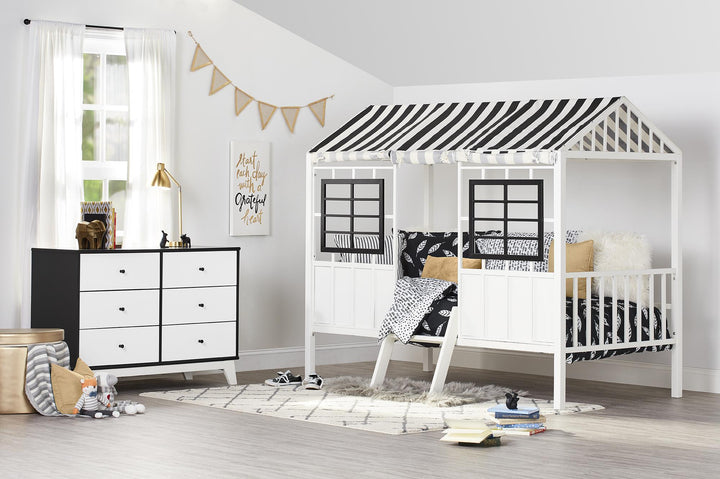 Rowan Valley Forest Metal Loft Bed with a Fixed Ladder and Fabric Curtains - White/Black - Twin