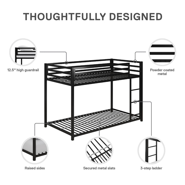 Miles Twin Over Twin Metal Bunk Bed with Metal Slats and Integrated Ladder - Black - Twin-Over-Twin