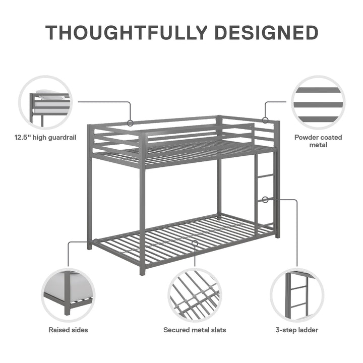 Miles Twin Over Twin Metal Bunk Bed with Metal Slats and Integrated Ladder - Silver - Twin-Over-Twin