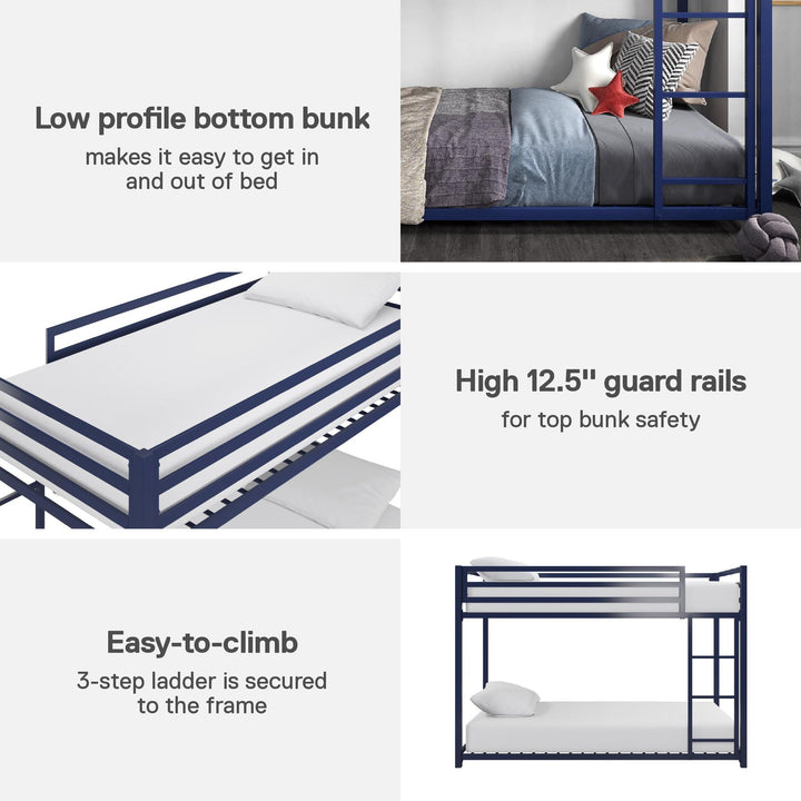 Miles Twin Over Twin Metal Bunk Bed with Metal Slats and Integrated Ladder - Blue - Twin-Over-Twin