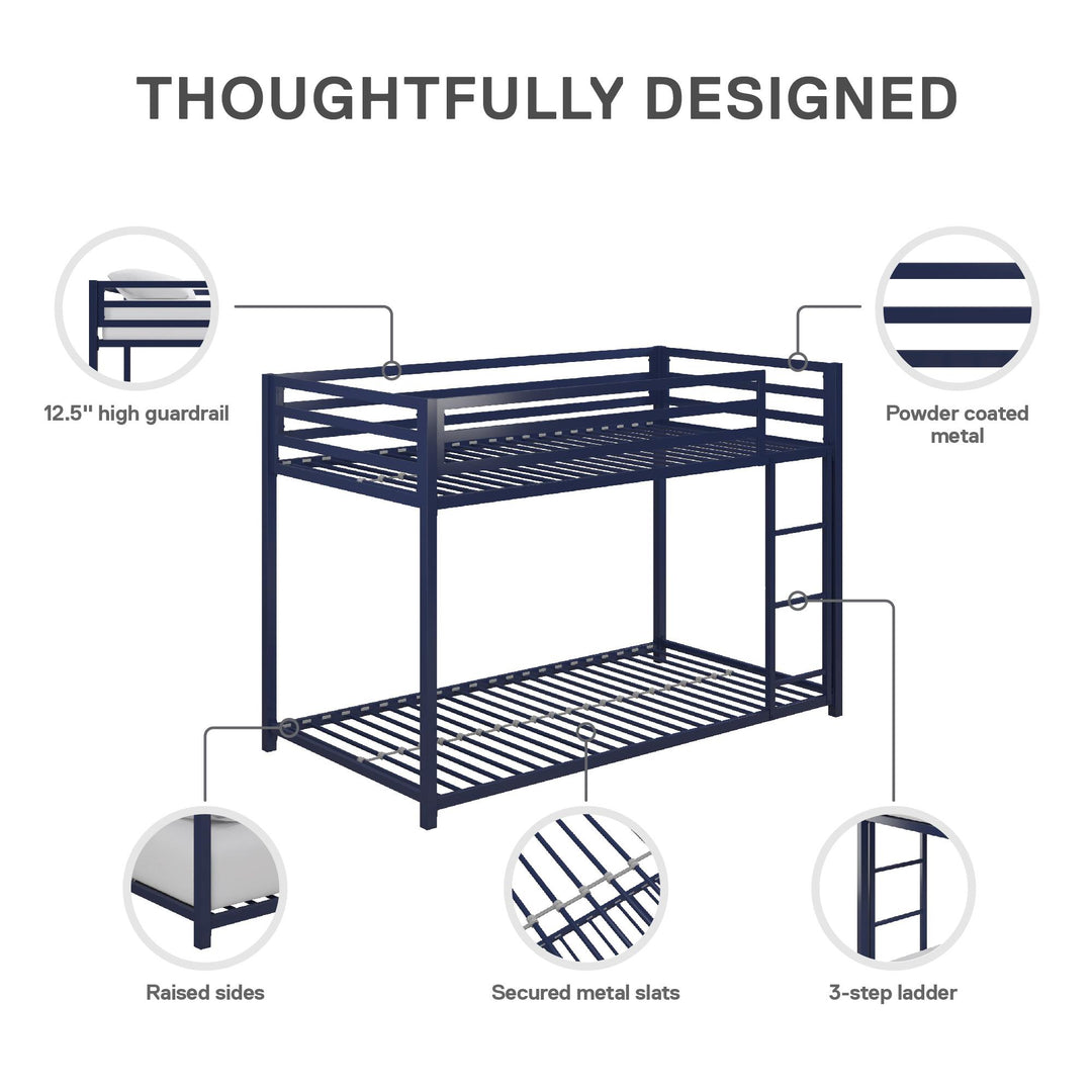 Miles Twin Over Twin Metal Bunk Bed with Metal Slats and Integrated Ladder - Blue - Twin-Over-Twin