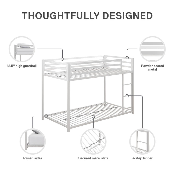 Miles Twin Over Twin Metal Bunk Bed with Metal Slats and Integrated Ladder - White - Twin-Over-Twin
