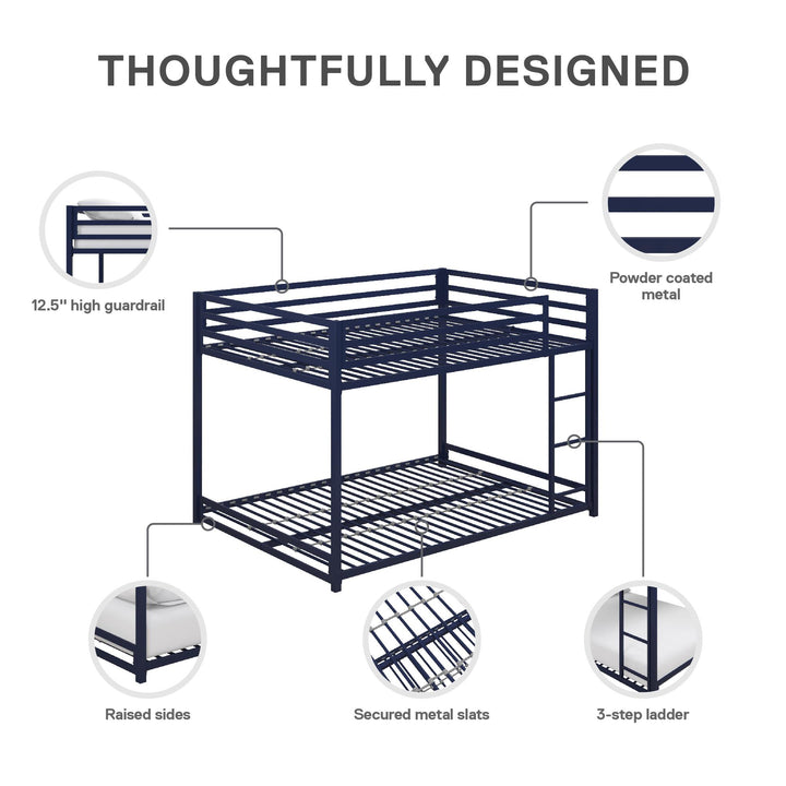 Miles Full Over Full Metal Bunk Bed with Metal Slats and Integrated Ladder - Blue - Full-Over-Full
