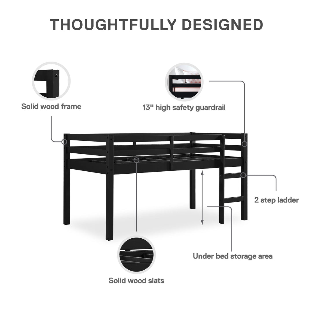 Milton Junior Twin Size Wooden Espresso Loft Bed for Kids - Black