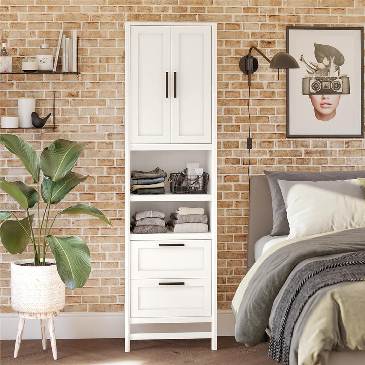 Luxe 2 Door, 2 Drawer Closet Tower with 3 Adjustable Clothing Rods - Ivory Oak