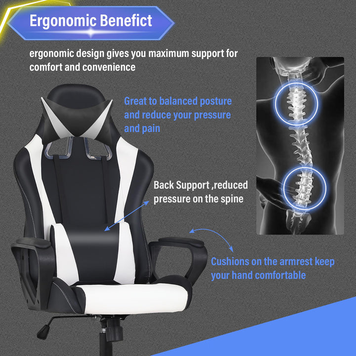 Rune Ergonomic Adjustable Reclining Gaming Chair with Lumbar Pillow - Black