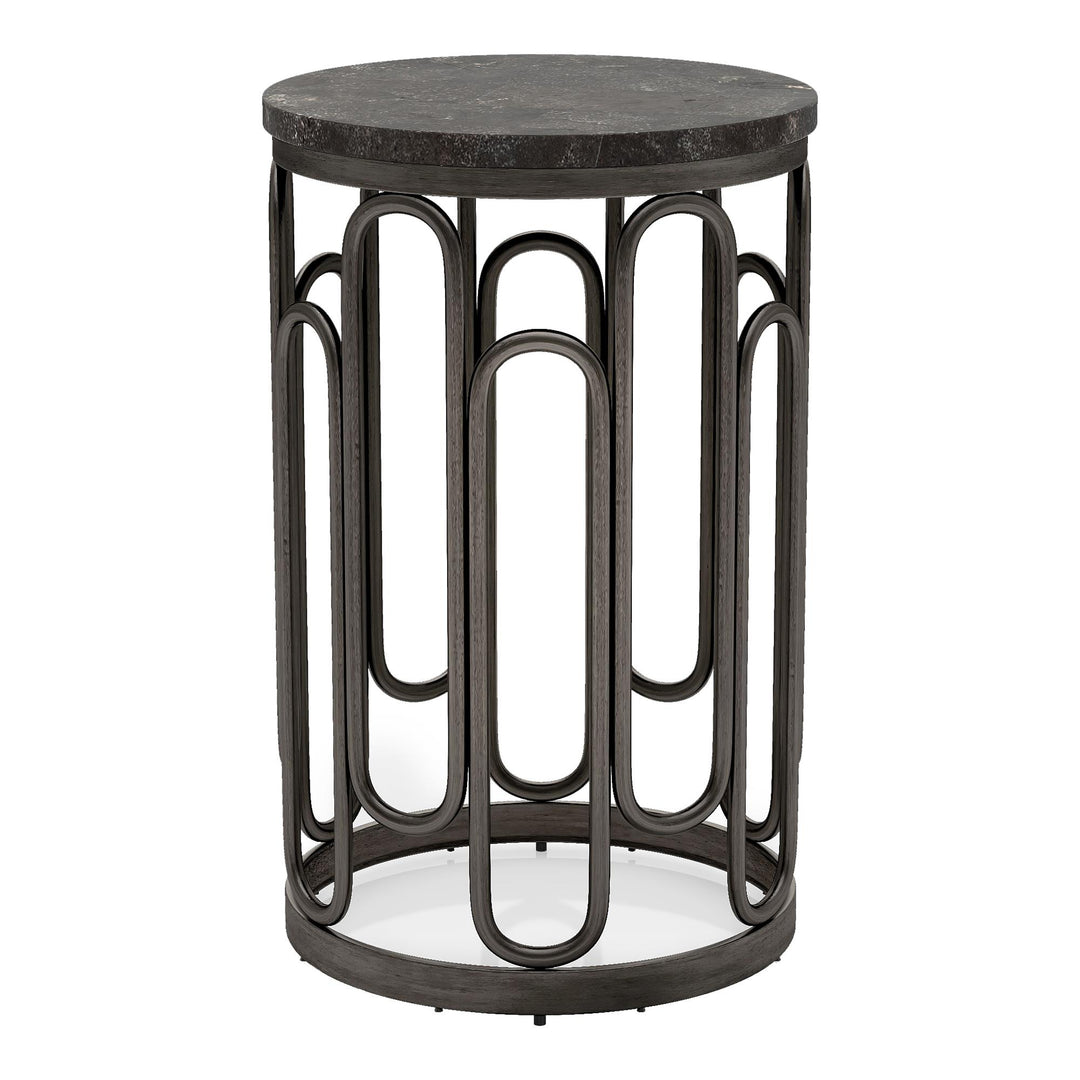 Cliff Marble Top Round Small End Table with Sturdy Decorative Metal Base - Black