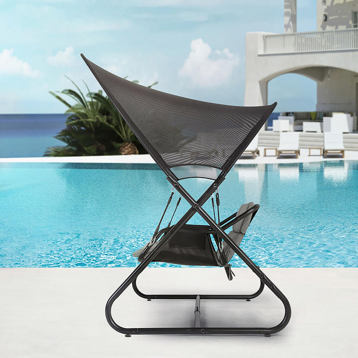 Aura Metal Outdoor Swing Chair with Canopy Sun Shade - Black