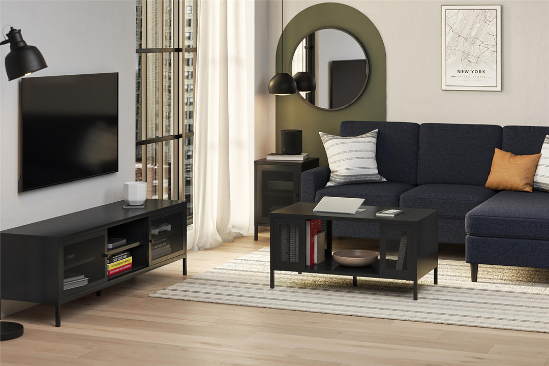 Shadwick Metal TV Stand for TVs up to 65" with Perforated Metal Mesh Accents - Black