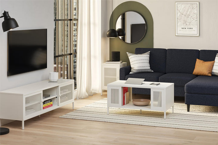 Shadwick Metal TV Stand for TVs up to 65" with Perforated Metal Mesh Accents - White