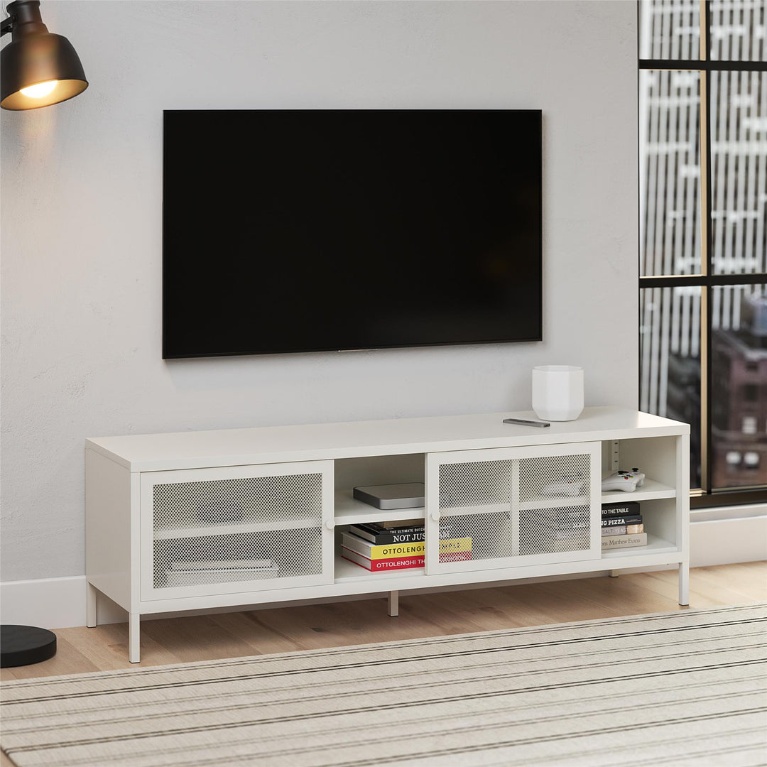 Shadwick Metal TV Stand for TVs up to 65" with Perforated Metal Mesh Accents - White