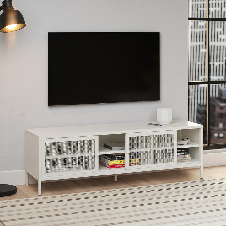 Shadwick Metal TV Stand for TVs up to 65" with Perforated Metal Mesh Accents - White