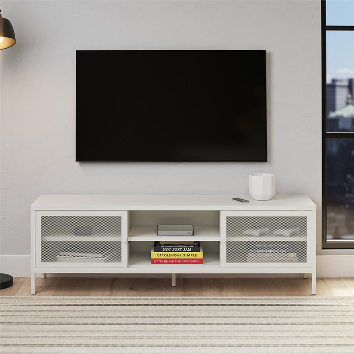 Shadwick Metal TV Stand for TVs up to 65" with Perforated Metal Mesh Accents - White