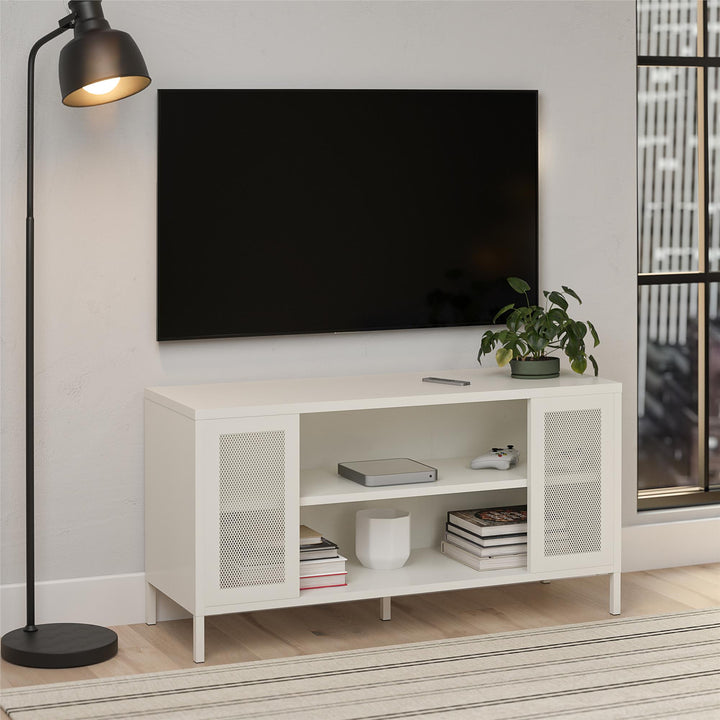 Shadwick Metal TV Stand for TVs up to 50" with Perforated Metal Mesh Accents - White