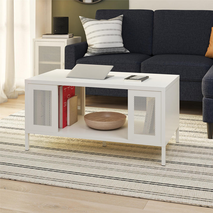 Shadwick Metal Coffee Table with Perforated Metal Mesh Accents - White