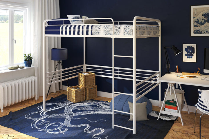 Tommy Full Metal Loft Bed with 59 Inches of Under Bed Storage - White - Full
