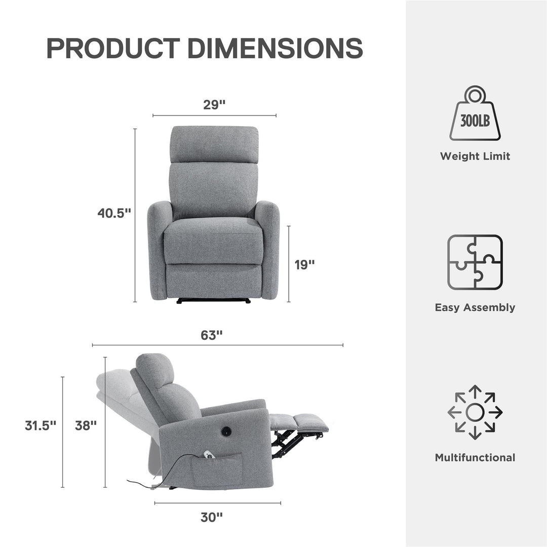 Kai Power Recliner Chair with Massage and Heat - Dark Gray - 1-Seater