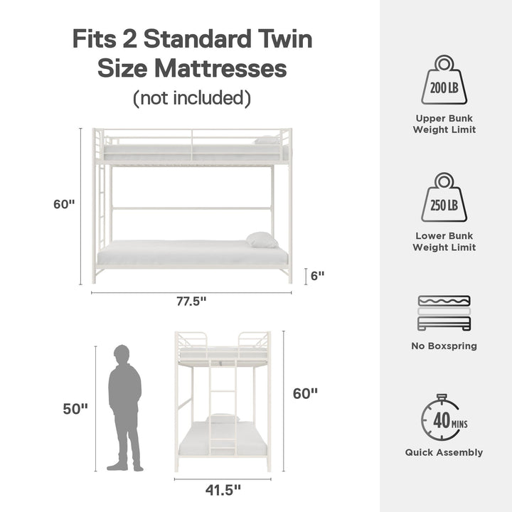 BrEZ Build Collection Easy Assembly Metal Bunk Bed - Off White - Twin-Over-Twin
