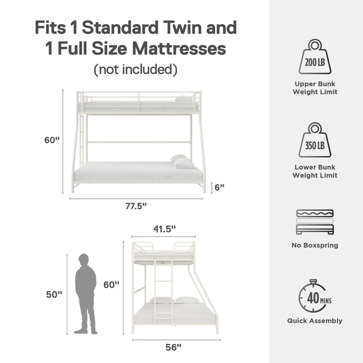 BrEZ Build Collection Easy Assembly Metal Bunk Bed - Off White - Twin-Over-Full