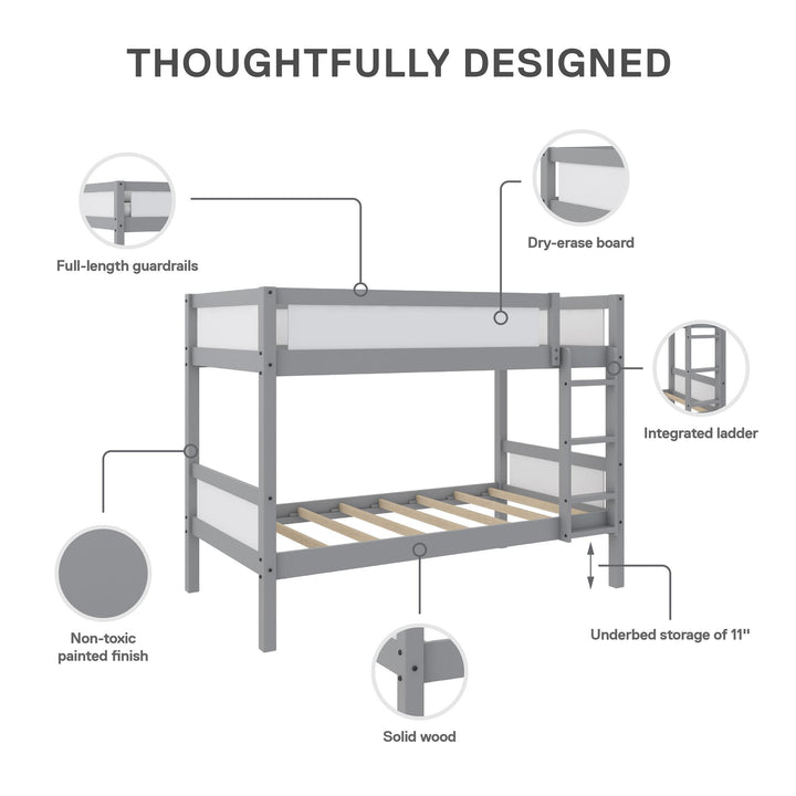 Adrian Twin over Twin Wood Bunk Bed with Integrated Ladder - Light Gray - Twin-Over-Twin