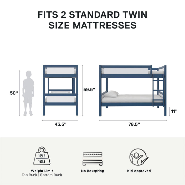 Adrian Twin over Twin Wood Bunk Bed with Integrated Ladder - Navy - Twin-Over-Twin