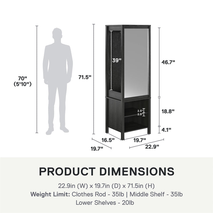 Amberly Wardrobe with Mirror, Clothing Bar and 3 Shelves - Black Oak