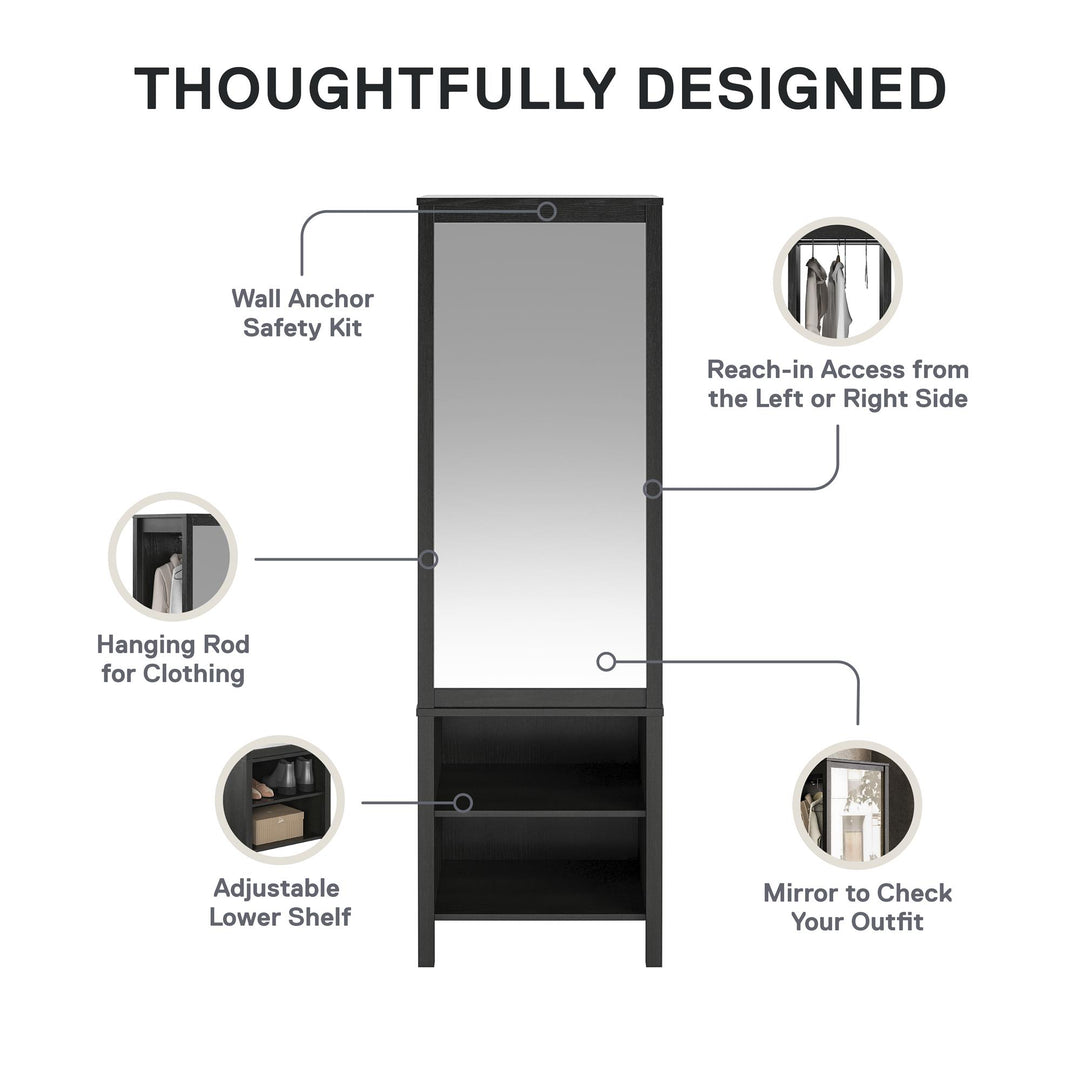 Amberly Wardrobe with Mirror, Clothing Bar and 3 Shelves - Black Oak