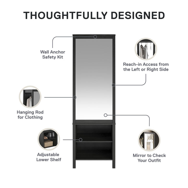 Amberly Wardrobe with Mirror, Clothing Bar and 3 Shelves - Black Oak